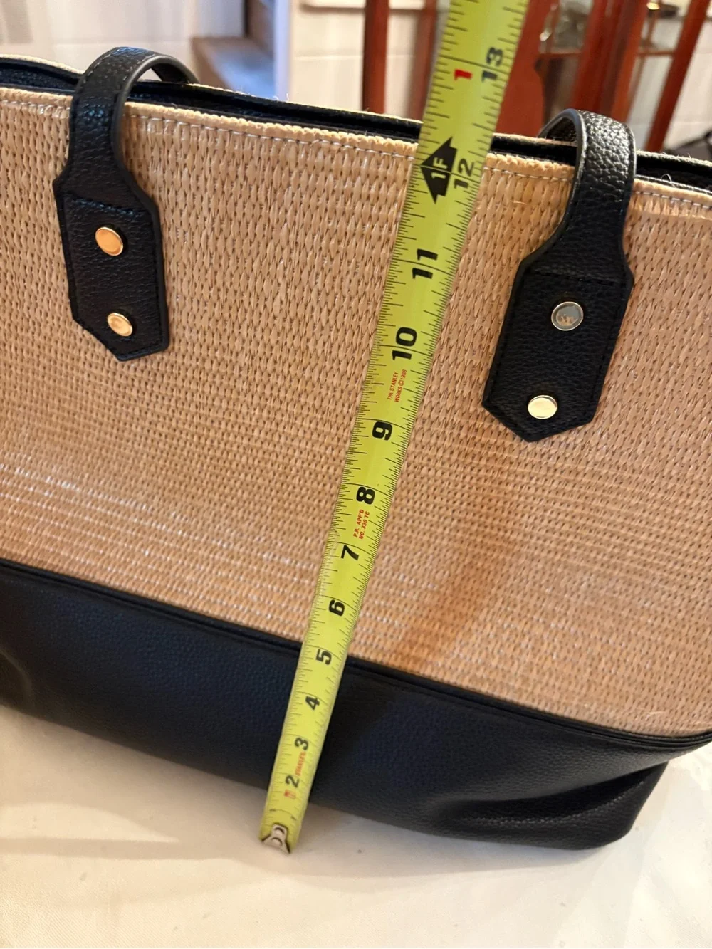Woven Straw Tote Bag with Black Trim
